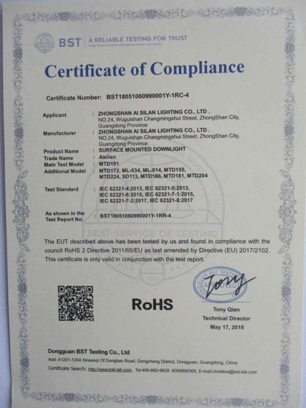 RoHS - Zhongshan Aisilan lighting Technology Co., Ltd.