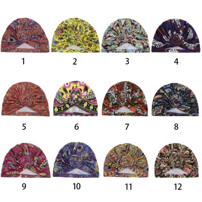 China Picture Donut Turban Ball Swirl Flower Printed Women Muslim Headwrap Hat Indian Arabia Arabia Headdress African Turban Hats for sale