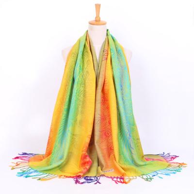 China Open Cotton Color Print Scarf Peacock Screen Gradient Shawl Retro Lengthened Scarf Shawl for sale