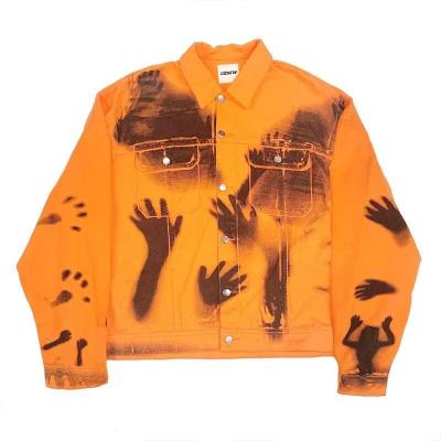 China Jacket Button Orange Men′s Jackets & Coats Full Over Digital Printed Distressed Denim Jacket for sale