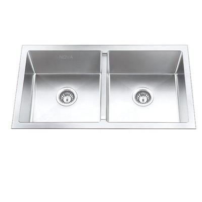 China Without Faucet Zhongshan Manufacturing 3322 Double Bowl Tabletop Cabinet Undermount 18 Gauge 304 Stainless Steel Handmade Equal Kitchen Sink for sale
