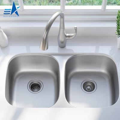 China Without Faucet Easy Cleaning OEM ODM Brushed Double Bowl Rectangular 304 Stainless Steel Undermount Kitchen Sink for sale