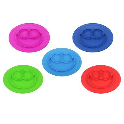 China Sustainable Wholesale Large Reusable Smiley Silicone Sucker Tableware Silicone Dish For Kids for sale