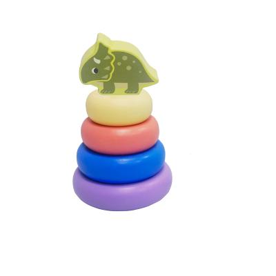 China Wholesale Wooden Stacking Blocks wooden stacker Ring Toys With Dinosaur Topper 8.3x8.3x13.5cm for sale