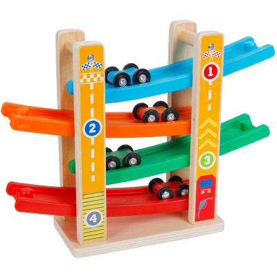 China Wholesale Montessori Educational Toy Wooden Toys Clack Race Track Ramp Slide Zag Car with 4 Mini Cars 30.5*9.5*23.7cm for sale