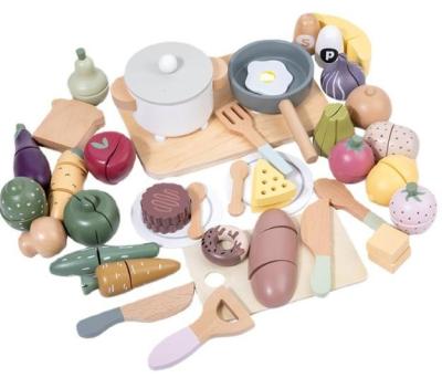 China 62pcs Pretend cooking tooys Educational Toys Kitchen Wooden Vegetables Set Toy Cutting Toys For fruits and vegetables Kids 36.5x12.5x26cm for sale