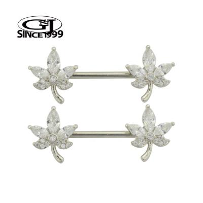 China Cute Silver Nipple Piercing Witty Leaf Clover CZ 316L Surgical Steel GNJ Custom Packaging Barcode Body Jewelry Barbell for sale
