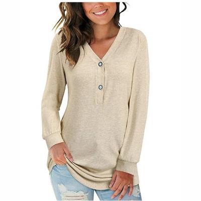 China Custom Anti-wrinkle Women's Printing V-Neck Button Camouflage Causal Long Sleeve Tops Henley Blouse Loose T-shirt for sale