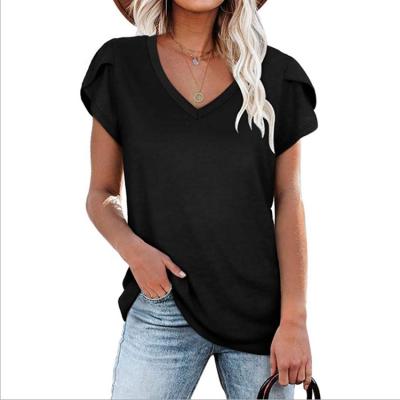 China 2021 Custom Logo Womens V-Neckline V-Neck Summer Tees Casual Tees Tops Simple Petal Blank Sleeve Anti-wrinkle for sale