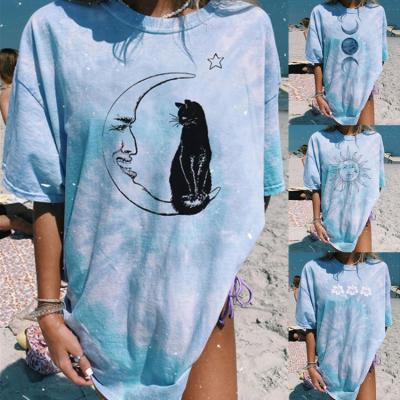 China New Summer Sale Women's T-shirts Anti-wrinkle Round Neck Tie-dye Loosely Print Cotton Woman Oversized T-shirt for sale