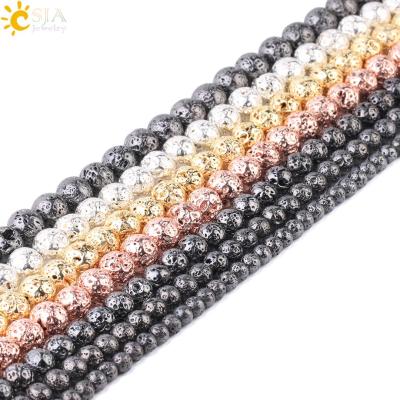 China 5 Sizes + Colors Electroplate + Natural Stone + 4 Colors CSJA 4 Plating 12mm Black Gold Silver 6 8 10 Lava Rock Beaded Stone Beads For Jewelry Making F731 for sale