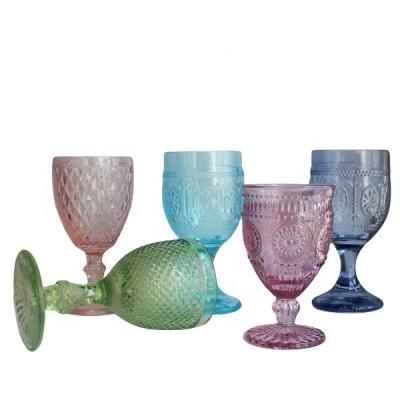China New Classic / Postmodern Embossed Hand Pressed Glassware Pink Colored Drinking Wine Glasses for sale