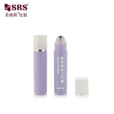 China RPP-30ml Injection Purple Glossy Matte Finished White Cap With Stamping Silver Ring Steel Ball Massage Hair Serum Roller Bottle for sale