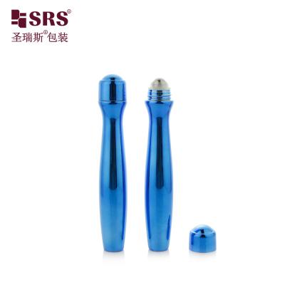 China SRS8447-15ML Metalized Shiny Blue Color Plastic PETG Roll On Bottle With Steel Ball Massage Applicator for sale