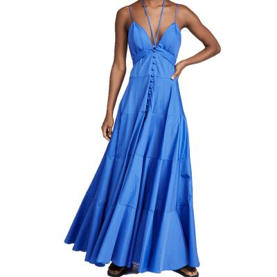 China Backless Ladies Summer Dress Breathable Sleeveless Plain Cotton Buttons Ruffles Sleeveless Women Maxi Dress for sale