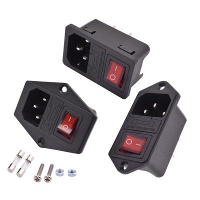 China Industrial 10A 250V AC IEC 320 C13 C14 Fuse Bracket Power Cord Cable Adapter Inlet Male Plug Socket Connector with Red Rocker Switch for sale