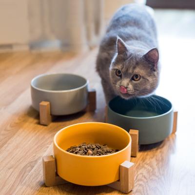 China Sustainable Dog Bowl Wood Frame Bowl Feeding And Watering Ceramic Pet Bowls for sale