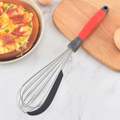 China Sustainable 12 inch Food grade hand stainless steel kitchen whisk tools wire whisk flat egg beaters with Scraper head for sale