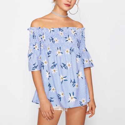 China Women's Anti-Pilling Blouse Shirt Boat Neck Vertical Striped Bubble Shoulder Women Summer Floral Print Tops for sale