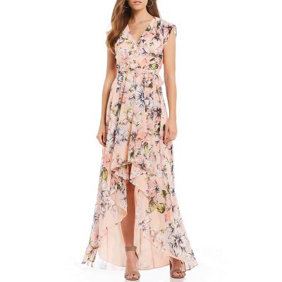 China Anti-Static Custom Women Dresses V Neck Chiffon Digital Floral Print Ruffle Boho Maxi Wrap Dress for sale