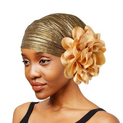 China Muslim Hijab Hay African style bright silk ruffled large floral headscarf Muslim ethnic hat wedding hat for sale