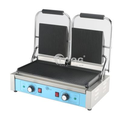 China Hotels Professional Snack Machine Stainless Steel Grooved Contact Grill Electric Panini Press Grill Double Plate Contact Grill for sale
