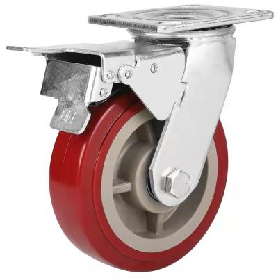 China 4x2, 5x2,6x2,8x2 Red PU Swivel Heavy Duty Caster with brake China factory castor wheels manufacturer and exporter en venta