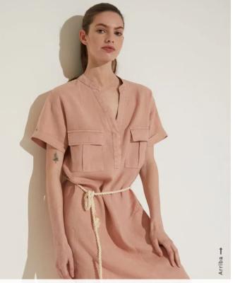 China Fashion 100% Breathable Garment Dye Canvas V-Neck Two Pockets With Belt In Waist Short Sleeves Solid Women's Dress For Career for sale