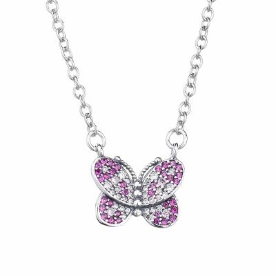 China 925 Sterling Silver Authentic Romantic Dazzling Pink Butterfly Necklace Miner Chain Pendant Necklaces For Women Gift Fine Jewelry for sale