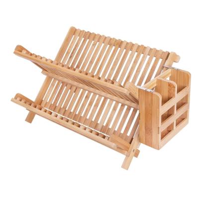 China Sustainable Folding 2-Tier Bamboo Dish Drainer Folding Dish Drying Rack With Utensils Flatware Rack Set (Dish Rack With Utensil Rack) for sale