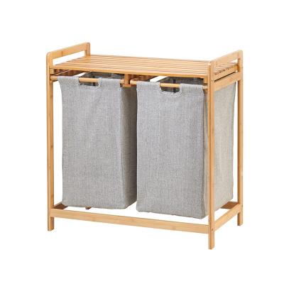 China Hamper Freestanding Bamboo Organizer with Removable Storage Sorter Bags, 2 Section Bathroom Double Space-Saving Laundry Basket for sale