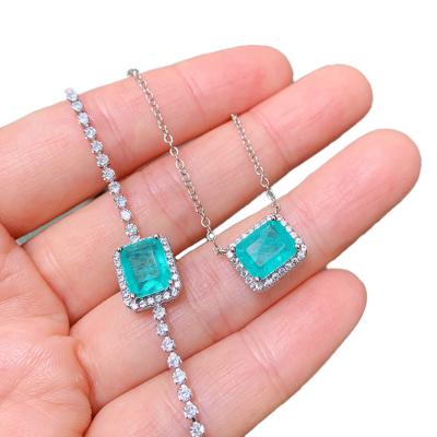 China Small Square Vintage Paraiba Zircon Simple Blue Cubic Antique Bracelet Jewelry Indian Jewelry Necklace Set Women for sale