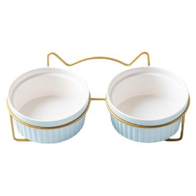 China Durable Universal Ceramic Material Anti-rollover Fixed Frame Dog and Cat Double Pet High-Footed Guard Neck Bowl for sale
