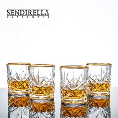 China Luxury Morden Barware Old Fashion Etched Crystal Whiskey Glass Gold rimmed for Bar/Restaurant/Hotel/Home for sale