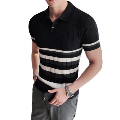 China New High Quality QUICK DRY Custom Design OEM Logo Ice Silk Striped Knit Men's Slim Fashion Polo Shirt for sale