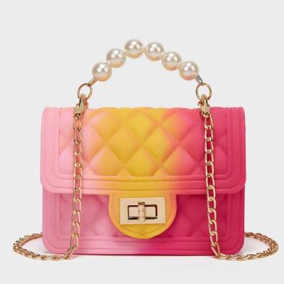 China Wholesale Colorful Fashion PVC Jelly Bags Beads Handle Chain Shoulder Candy Purses and Handbags for Girls Mini Jelly Bags for sale