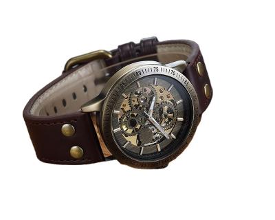 China Steampunk Automatic Skeleton Mechanical Vintage Watch Mens Date Watch Bronze Leather Transparent Watches for sale