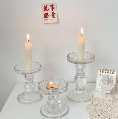 China 3pcs European Style French Roman Column Clear Glass Candle Holder Set For Home Decor Photo for sale