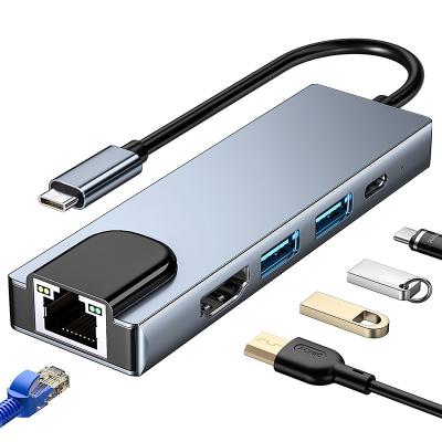China Cheap High Speed Factory Price USB3.0 5Gbps Port Hub USB-C Aluminum Dock 5 Type C USB 5 in 1 USB Hub with RJ45 and PD Charging for sale