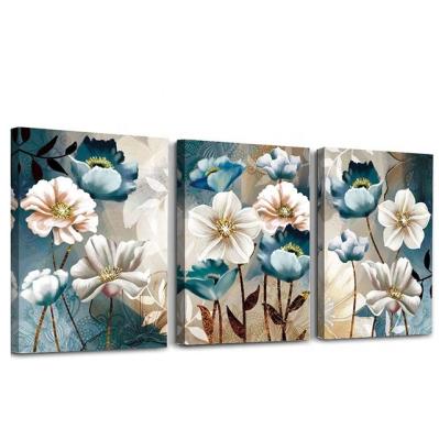 China Modern 3 Pcs Blue And White Color Flower Picture Canvas Painting Floral Wall Art For Wall Decoration for sale