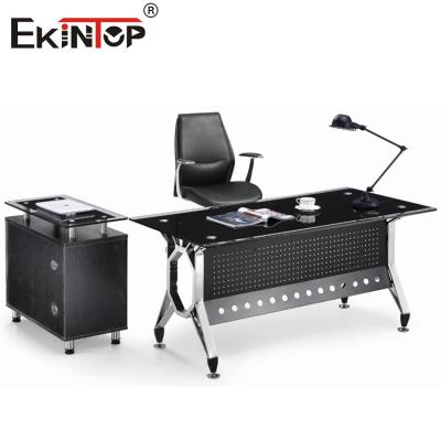 China Contemporary Black Glass Desk Metal Legs With Drawer Office Furniture for sale