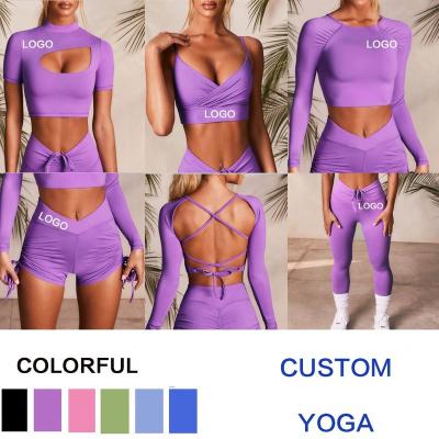 China New 2022 Custom Style Breathable Lady Fitness Suit Sportswear 5 Pieces Set Seamless Yoga Shorts Set Yoga Pants Sets for sale