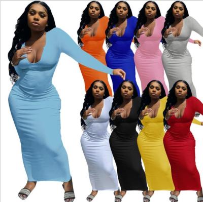 China Ladies Casual Elegant V-Neckline Ladies Cheap Deep Breathable One-Piece Maxi Dress Autumn Clothing Dresses for sale