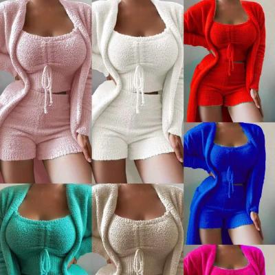 China QUICK DRY Casual Long Sleeve Lounge Wear Pajamas Shear Fluffy Three Piece Set Jumpsuits Sleepwear Set For Women for sale