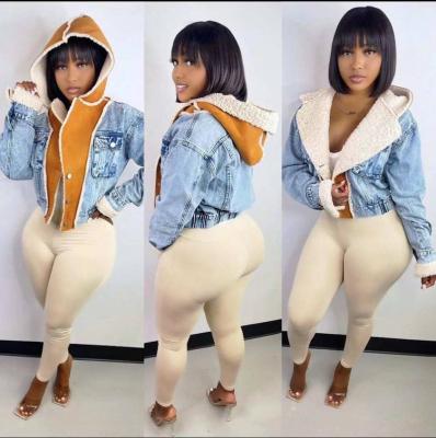 China Breathable Drop Shipping Breathable Denim Jacket With Fur Hoodie 2021 Women Streetwear Jean Patchwork Warm Winter Coats Clothing for sale