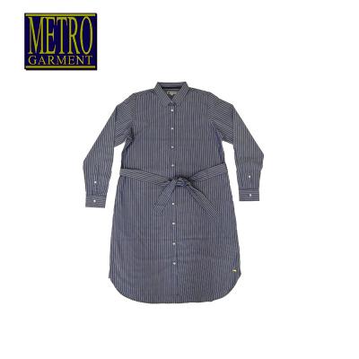 China 2022 New Breathable Gray Stripe Long Sleeve With Waist Band Ladies Causal Dress For Women for sale