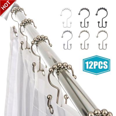 China Popular 12 Pcs Stainless Steel Bathroom Hook Hardware Double Curtain Hooks Shower Curtain Hook For Window Shower Rods for sale