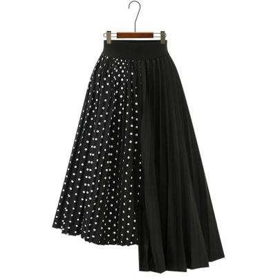 China Breathable Fashion Spliced Polka Dot Skirt Women Irregular Midi Plus Size Faldas Largas Mujer Pleated Edge Skirt Black White Female for sale