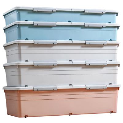 China AU CAT YN8863 Sustainable Large Rolling Under Bed Storage Bin With Wheels Sliding Underbed Plastic Container With Open Lid On Both Sides for sale