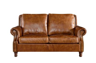 China Retro Crack 2 Seater Chocolate Brown Leather Sofa Brass Nails Full Handwork Craft for sale